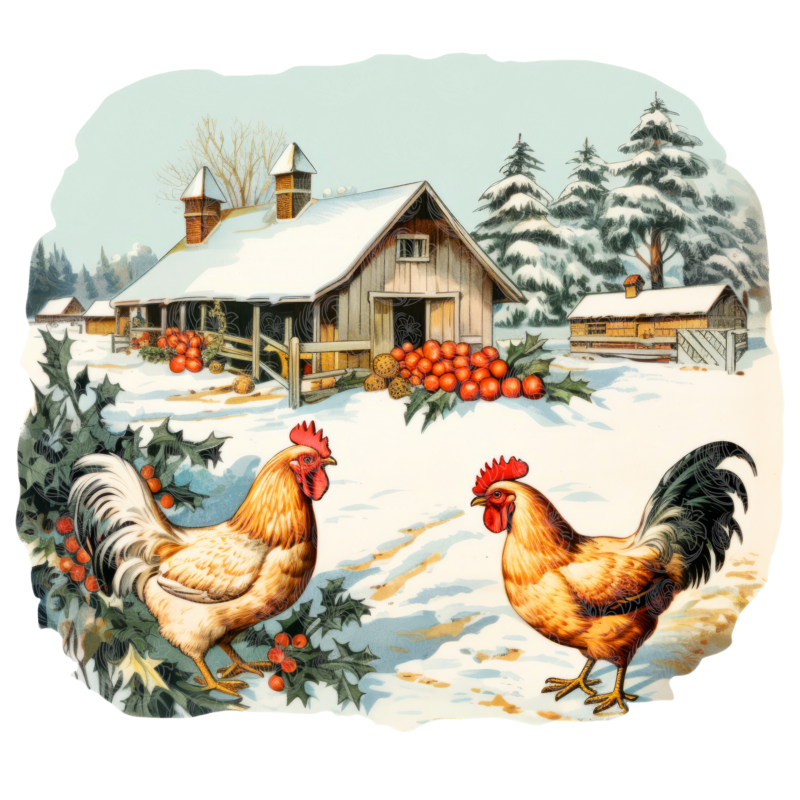 Farm christmas chickens and rooster standing in snow beside a decorated barn with holly and evergreens, Grey Barn Handwerk, Saskatchewan.
